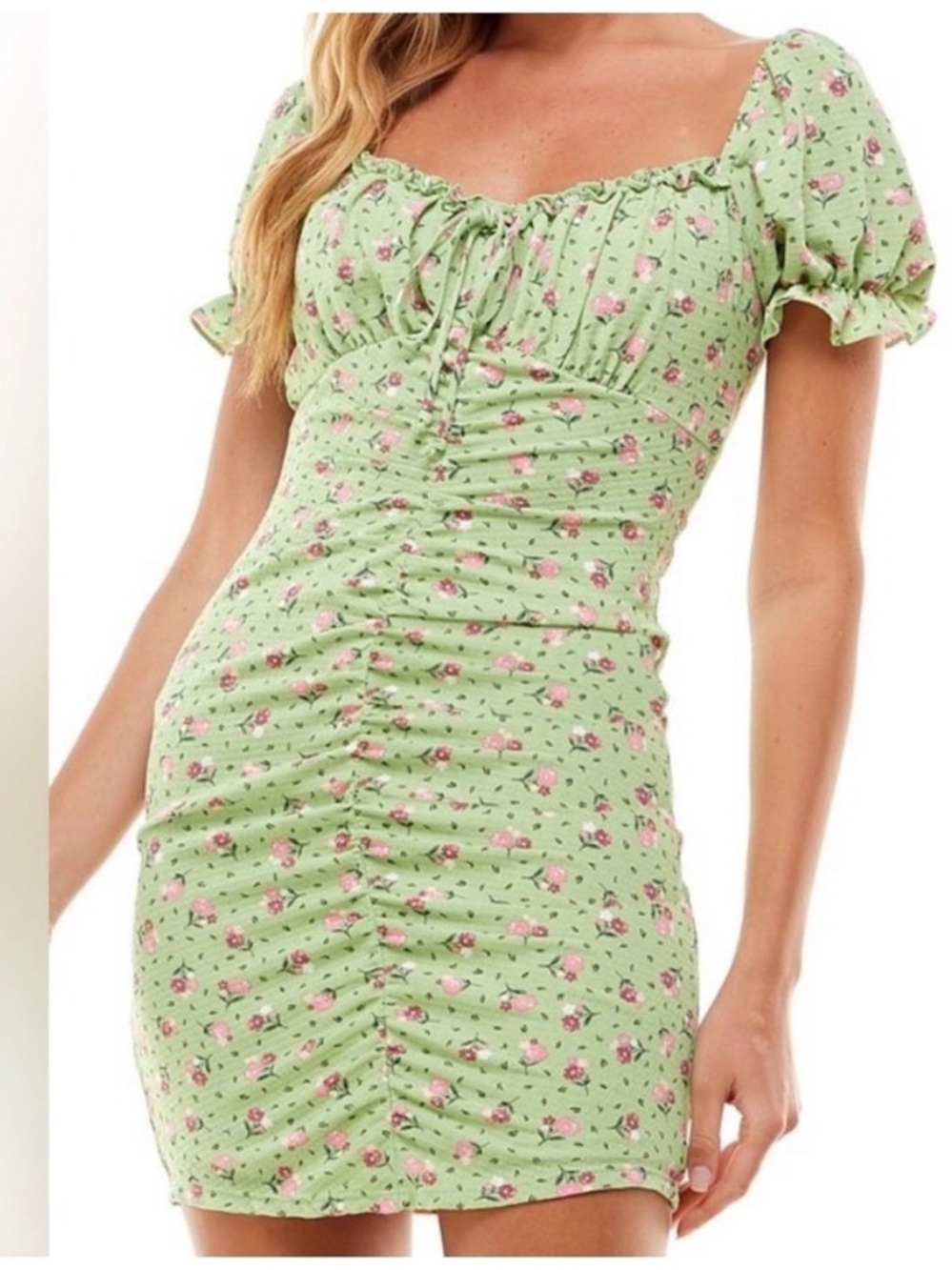 City Studio Mint Green Floral Ruched Mini Dress